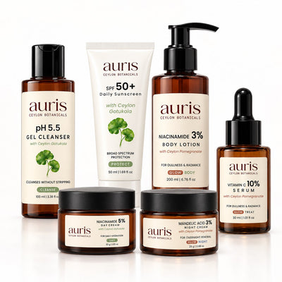 Auris GLOW Ritual: pH 5.5 Gel Cleanser + Niacinamide 5% Day Cream + SPF 50+ Daily Sunscreen + GLOW Vitamin C 10% Serum + GLOW Mandelic Acid 3% Night Cream + GLOW Niacinamide 3% Body Lotion