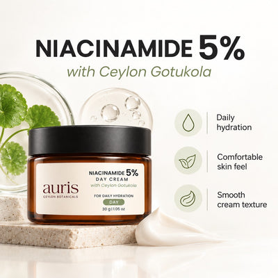 OLD (restored for review) — Auris Niacinamide 5% Day Cream with Ceylon Gotukola, 30 g amber jar with its key benefits