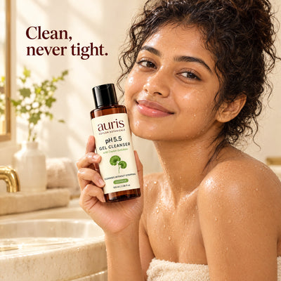 OLD (restored for review) — Auris pH 5.5 Gel Cleanser: worn in a warm editorial portrait