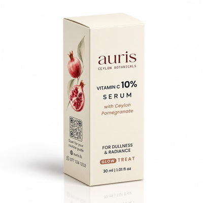 OLD (restored for review) — Auris GLOW Vitamin C 10% Serum with Ceylon Pomegranate printed carton