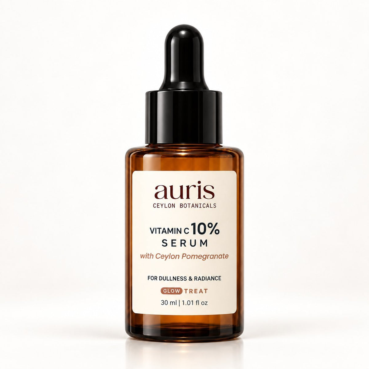 OLD (restored for review) — Auris GLOW Vitamin C 10% Serum with Ceylon Pomegranate, 30 ml amber dropper bottle on a white background