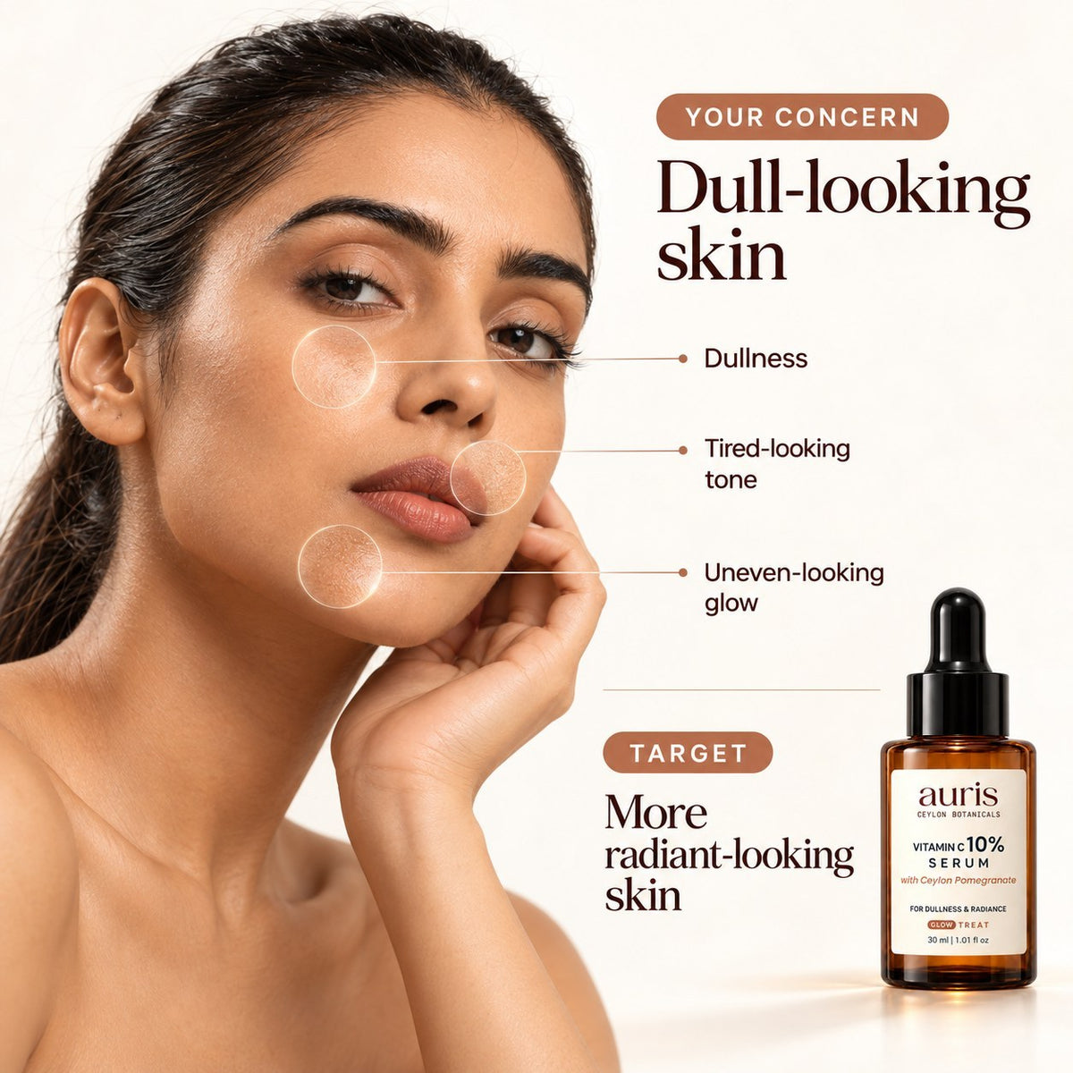 OLD (restored for review) — Model with dull-looking skin and a tired-looking tone, alongside Auris GLOW Vitamin C 10% Serum with Ceylon Pomegranate