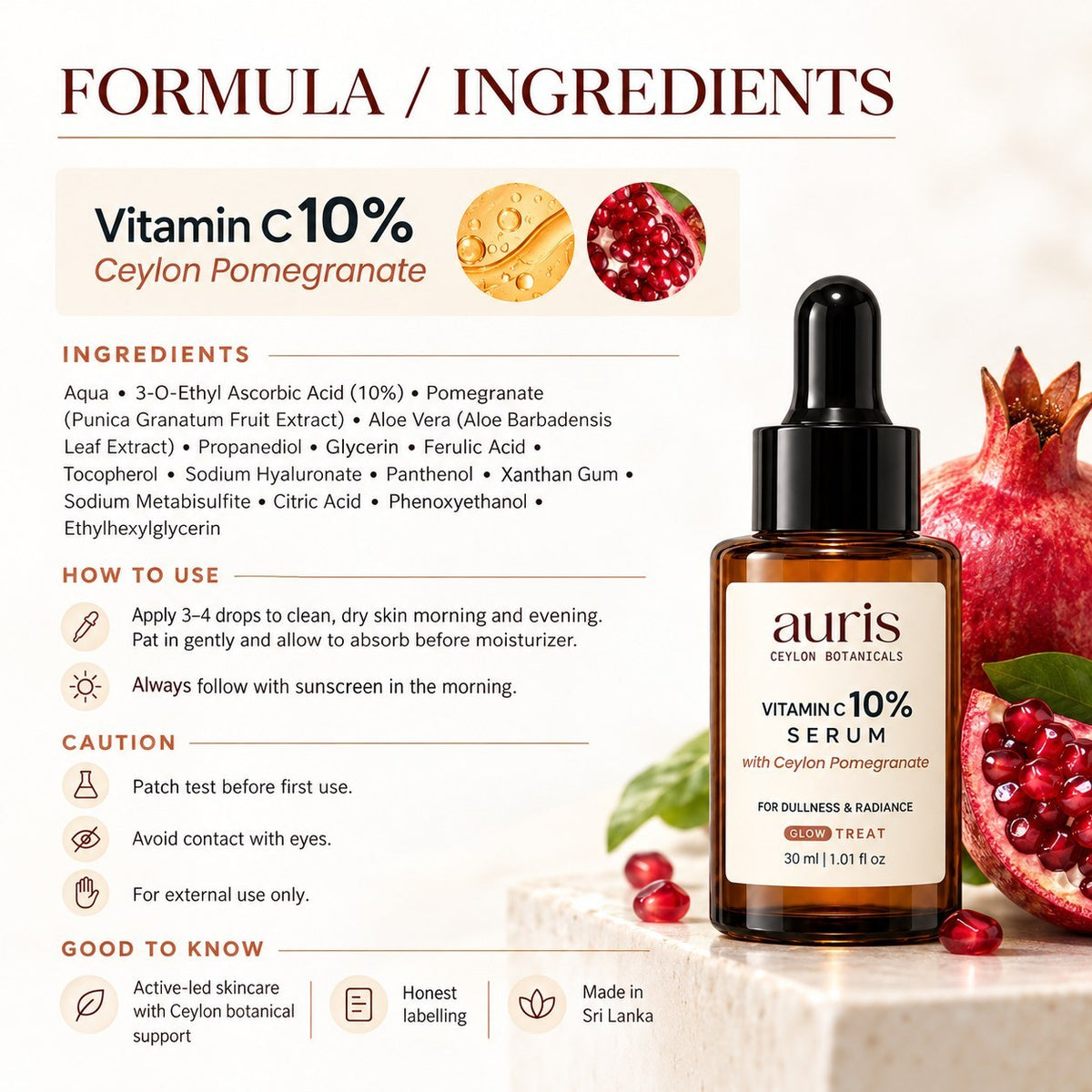 OLD (restored for review) — Auris GLOW Vitamin C 10% Serum with Ceylon Pomegranate formula and full ingredient list