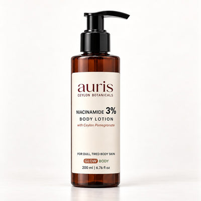 OLD (restored for review) — Auris GLOW Niacinamide 3% Body Lotion with Ceylon Pomegranate, 200 ml amber pump bottle on a white background