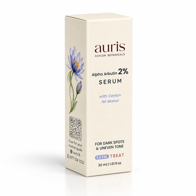 OLD (restored for review) — Auris EVEN Alpha Arbutin 2% Serum with Ceylon Nil Manel printed carton