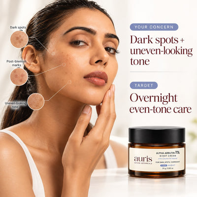 OLD (restored for review) — Model with dark spots, post-blemish marks and uneven-looking tone, alongside Auris EVEN Alpha Arbutin 1% Night Cream with Ceylon Nil Manel
