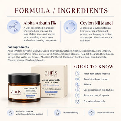 OLD (restored for review) — Auris EVEN Alpha Arbutin 1% Night Cream with Ceylon Nil Manel formula and full ingredient list