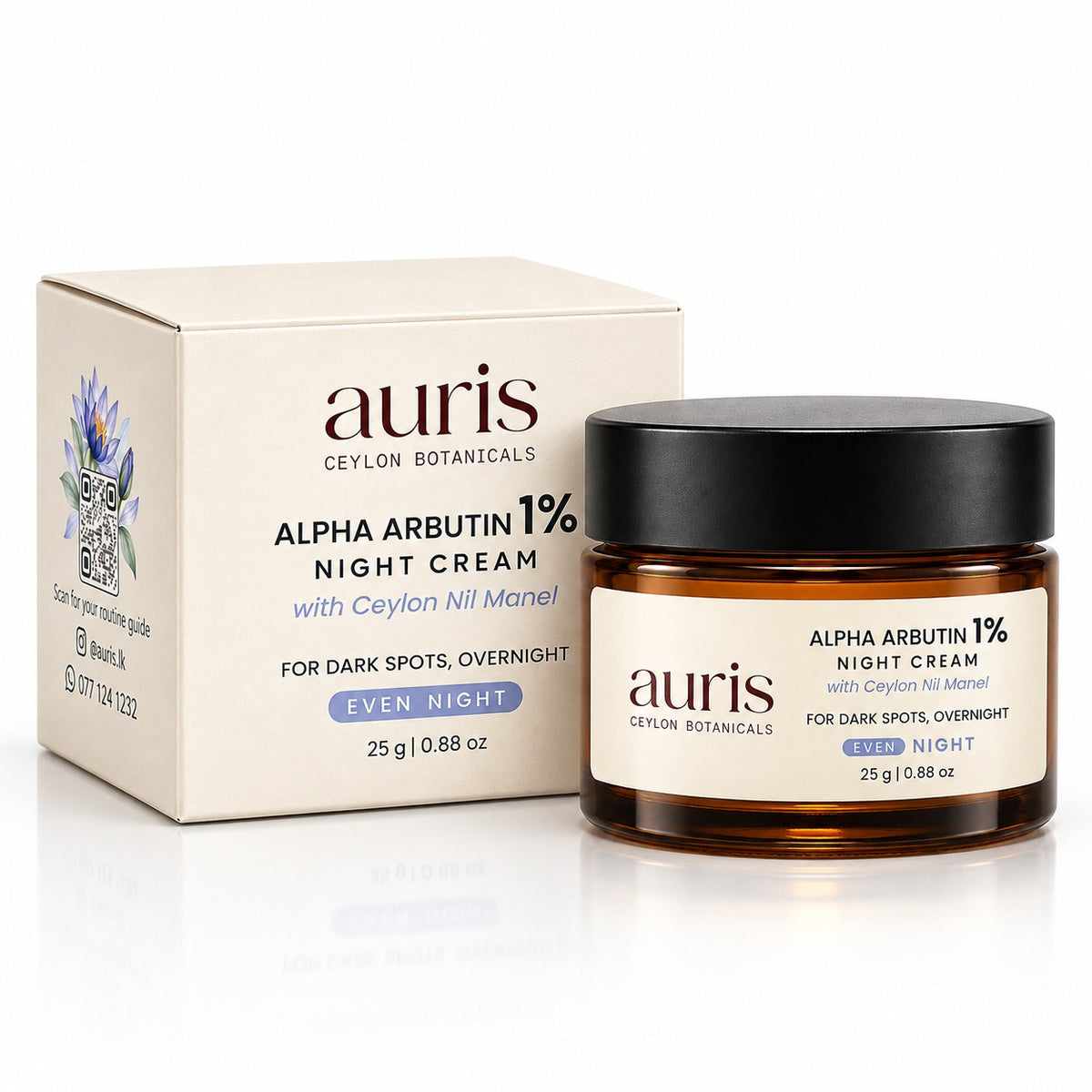 OLD (restored for review) — Auris EVEN Alpha Arbutin 1% Night Cream with Ceylon Nil Manel, 25 g amber jar shown with its printed carton