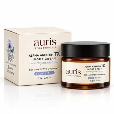 OLD (restored for review) — Auris EVEN Alpha Arbutin 1% Night Cream with Ceylon Nil Manel, 25 g amber jar shown with its printed carton
