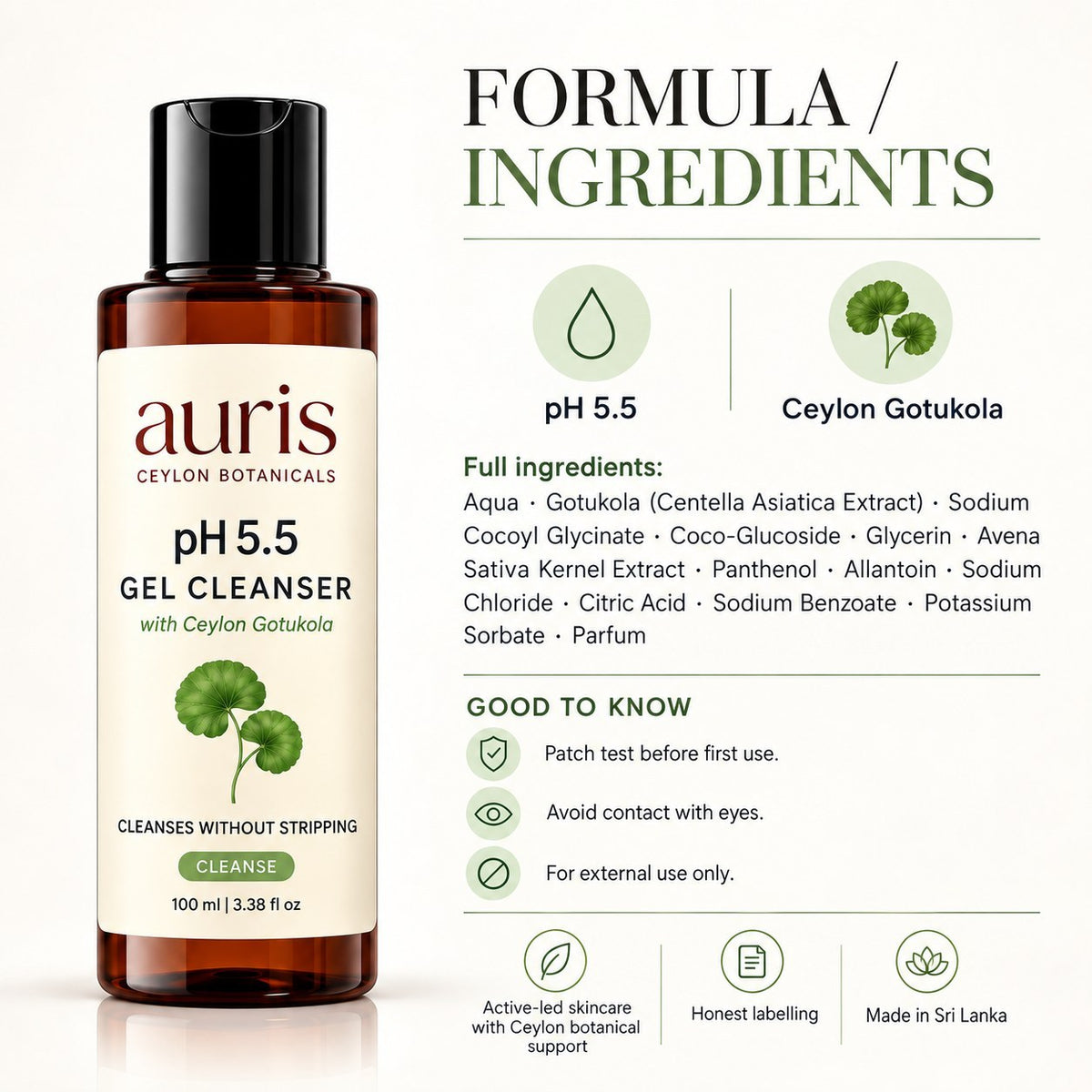 OLD (restored for review) — Auris pH 5.5 Gel Cleanser with Ceylon Gotukola formula and full ingredient list
