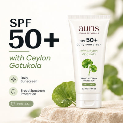 OLD (restored for review) — Auris SPF 50+ Daily Sunscreen with Ceylon Gotukola, 50 ml white tube with its key benefits