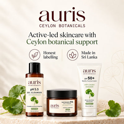 OLD (restored for review) — Auris Daily Essentials, active-led skincare with Ceylon Gotukola, made in Sri Lanka