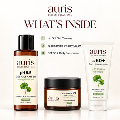 OLD (restored for review) — What is inside the Auris Daily Essentials: pH 5.5 Gel Cleanser + Niacinamide 5% Day Cream + SPF 50+ Daily Sunscreen