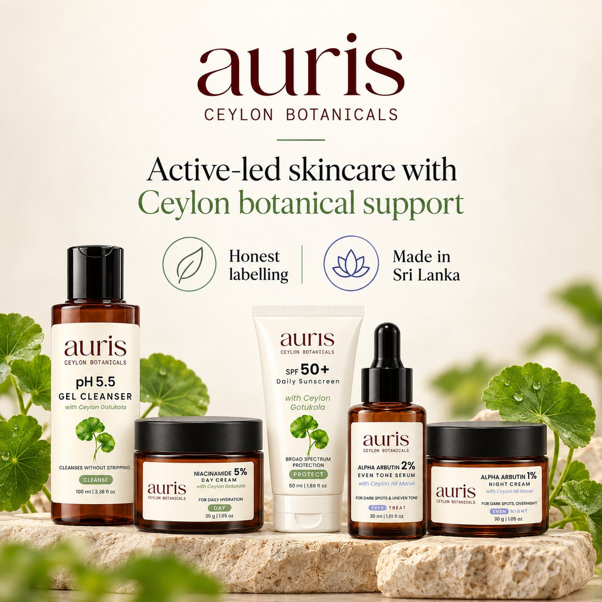 OLD (restored for review) — Auris Complete EVEN, active-led skincare with Ceylon Nil Manel, made in Sri Lanka