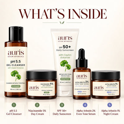 OLD (restored for review) — What is inside the Auris Complete EVEN: pH 5.5 Gel Cleanser + Niacinamide 5% Day Cream + SPF 50+ Daily Sunscreen + EVEN Alpha Arbutin 2% Serum + EVEN Alpha Arbutin 1% Night Cream