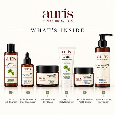 OLD (restored for review) — What is inside the Auris EVEN Ritual: pH 5.5 Gel Cleanser + Niacinamide 5% Day Cream + SPF 50+ Daily Sunscreen + EVEN Alpha Arbutin 2% Serum + EVEN Alpha Arbutin 1% Night Cream + EVEN Alpha Arbutin 1% Body Lotion