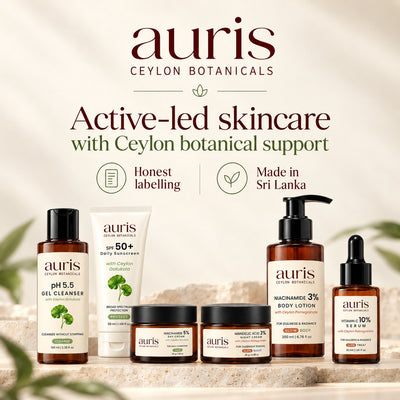 OLD (restored for review) — Auris GLOW Ritual, active-led skincare with Ceylon Pomegranate, made in Sri Lanka