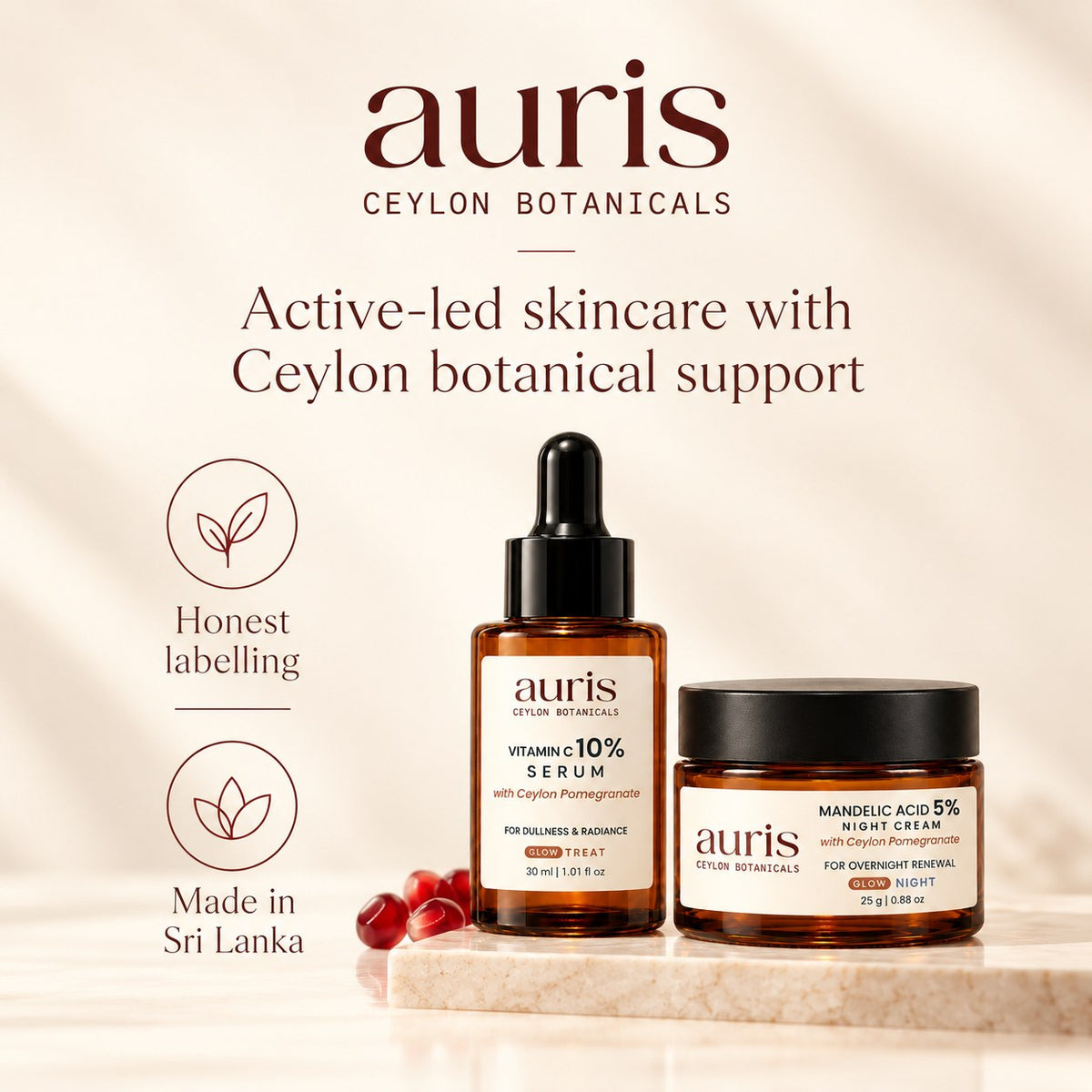 OLD (restored for review) — Auris GLOW Starter, active-led skincare with Ceylon Pomegranate, made in Sri Lanka
